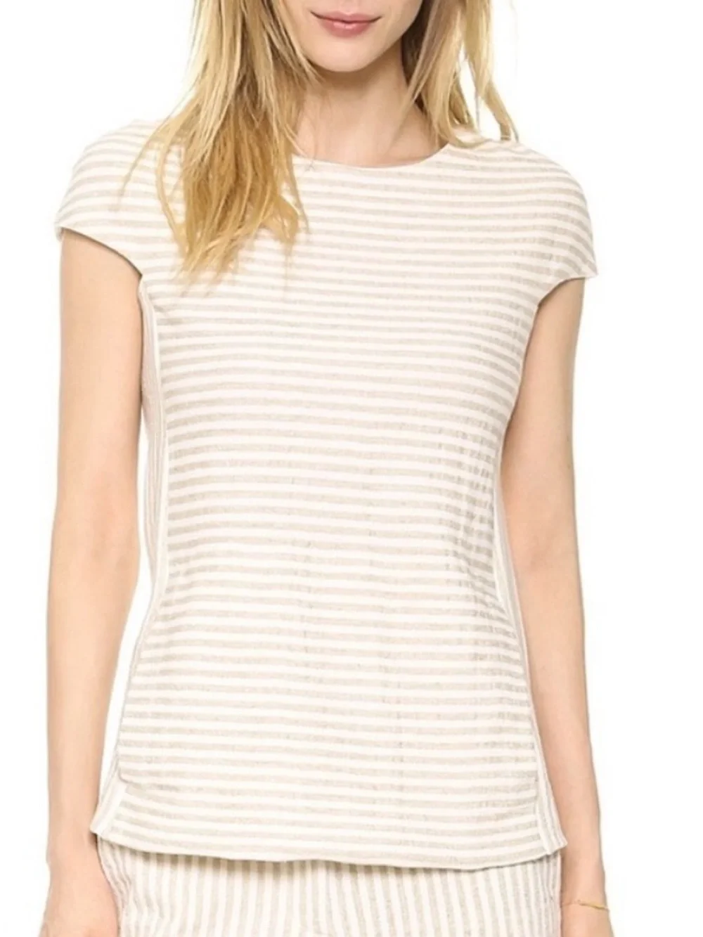 L'AGENCE Beige & White Striped Cap-Sleeve Top - Picture 1 of 15